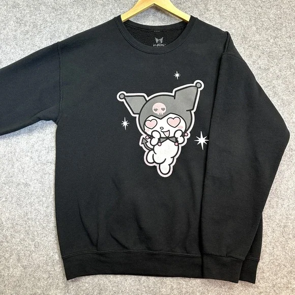 Sanrio Kuromi Black Fleece Sweatshirt Women's L Pink Heart Skull Kawaii Anime - Picture 1 of 6
